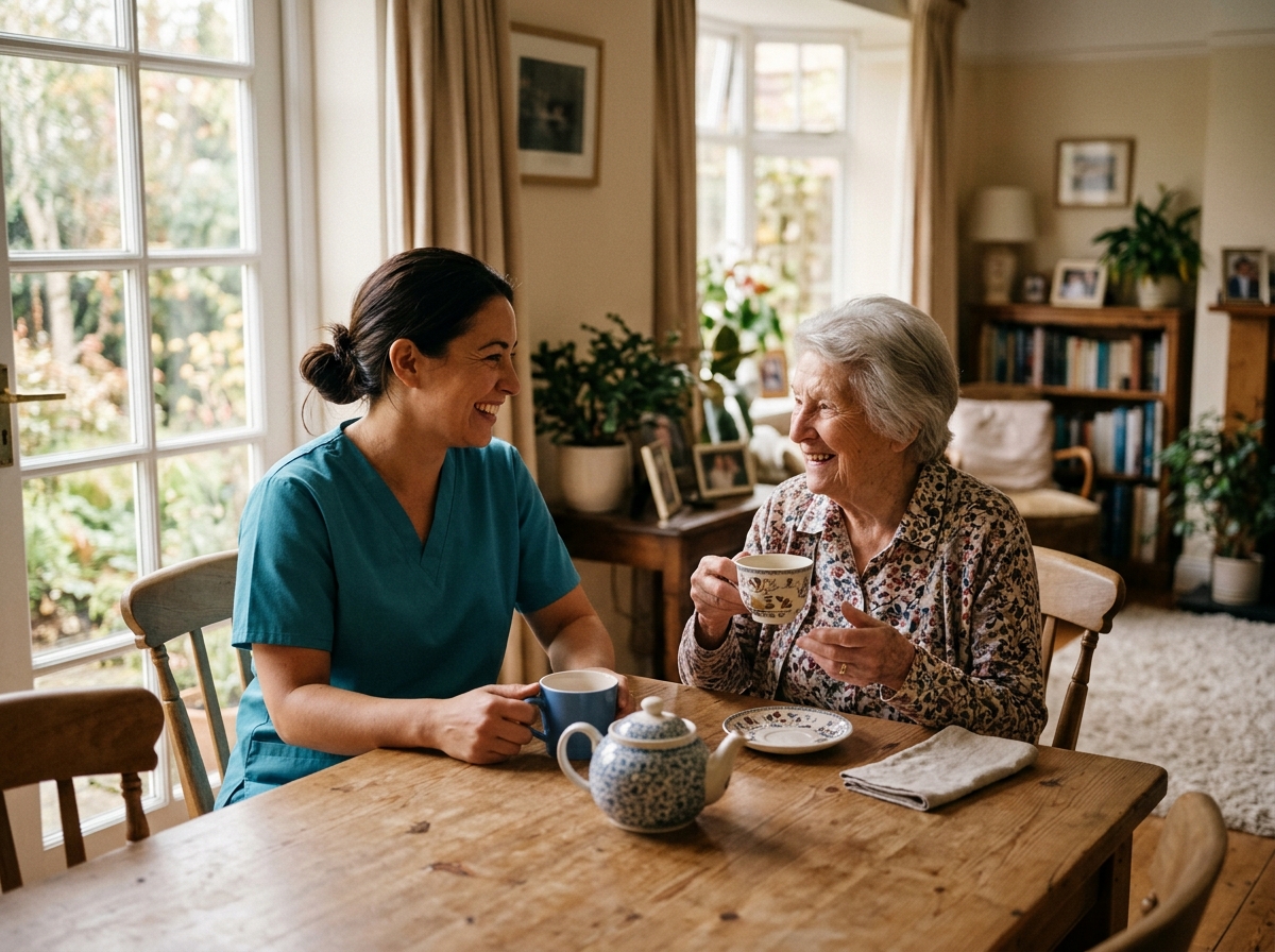 A caregiver sharing tea and conversation with an older woman at a sunlit table